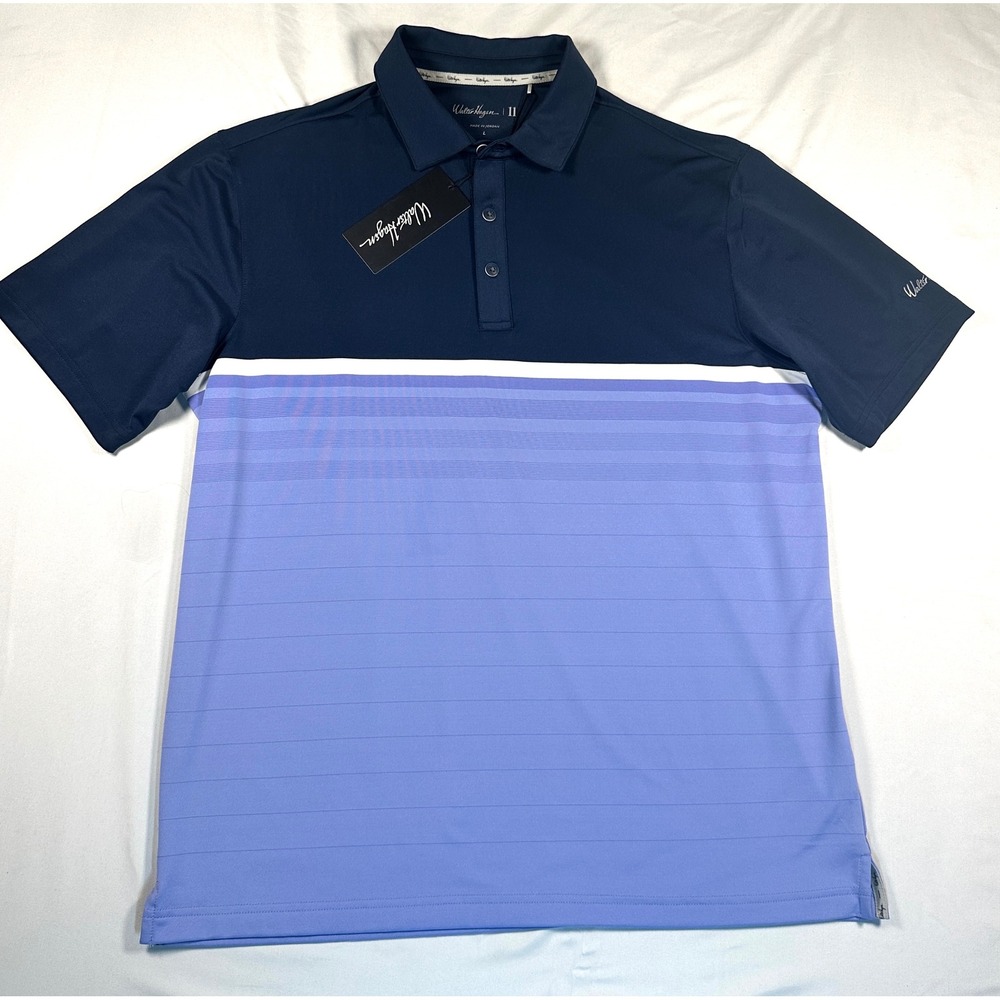 Walter Hagen 11 Mens Golf Polo Shirt Large Navy Blue Colorblock Striped NWT